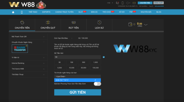 Giao diện nạp tiền W88 qua chuyển khoản ngân hàng địa phương